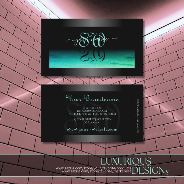 Modern Black Luminous Teal Patterned and Initials Business Card (Creator Uploaded)