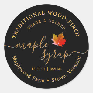 Modern Black Maple Syrup Label Leaf Script