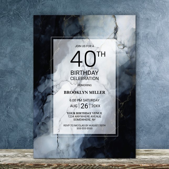 Modern Black Marble 40th Birthday Party Invitation (Creator Uploaded)