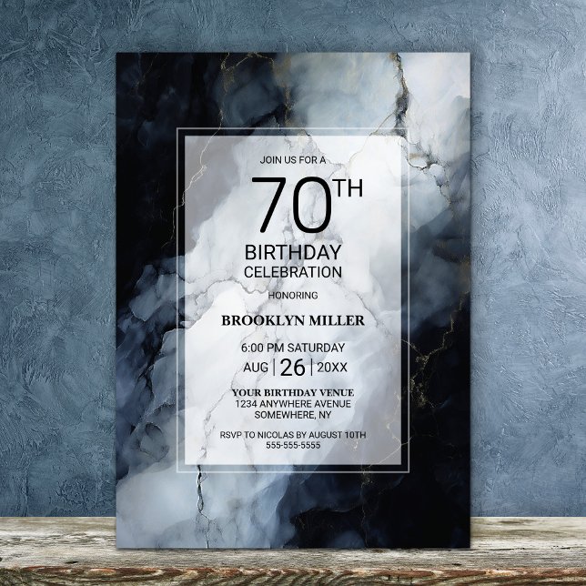 Modern Black Marble 70th Birthday Party Invitation (Creator Uploaded)