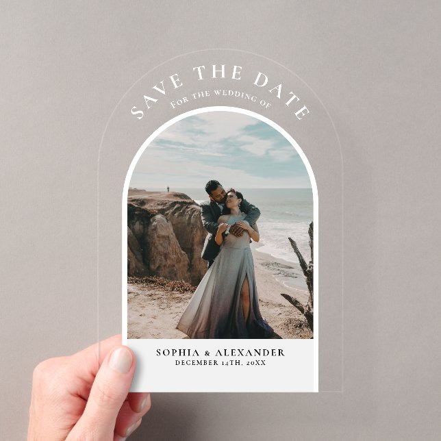 Modern black marble arch frame photo minimalist acrylic invitations (Insitu (Handheld))
