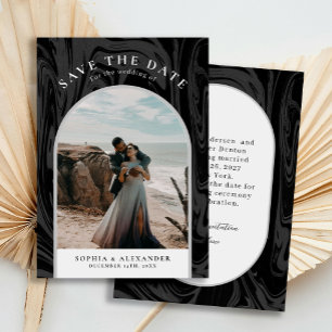 Modern black marble arch frame photo minimalist save the date