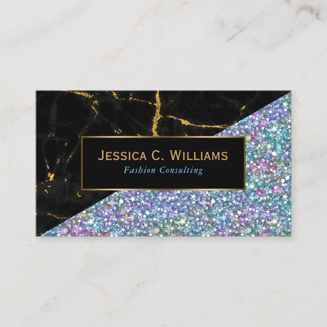 Modern Black Marble & Colourful Glitter Business Card (Front)