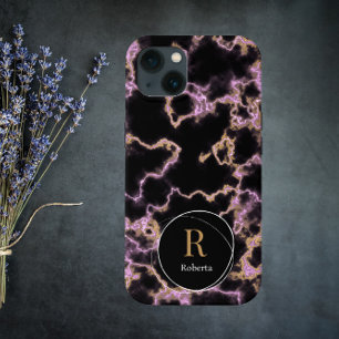 Modern black marble Custom Name Monogram iPhone 13 Case