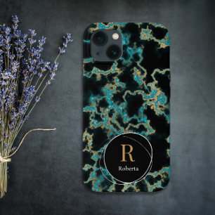 Modern black marble Custom Name Monogram iPhone 13 Case