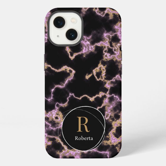 Modern black marble Custom Name Monogram iPhone Case (Back)