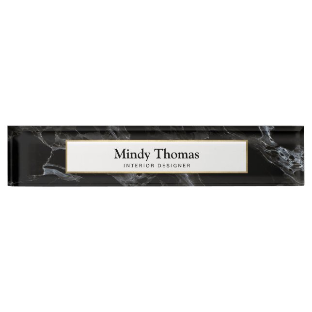 Modern Black Marble Faux Gold Frame Nameplate (Front)