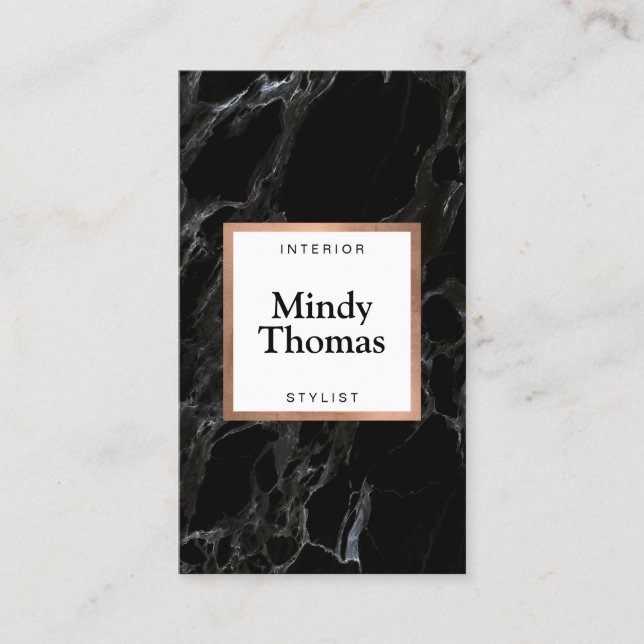 Modern Black Marble Faux Rose Gold Frame Business Card (Front)
