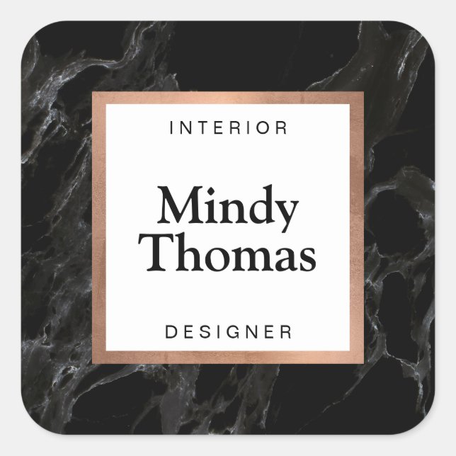 Modern Black Marble Faux Rose Gold Frame Square Sticker (Front)
