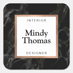 Modern Black Marble Faux Rose Gold Frame Square Sticker