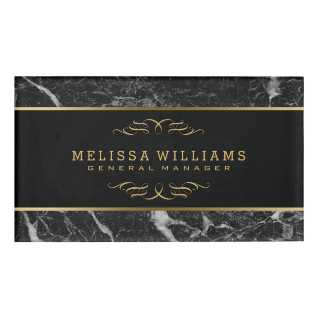 Modern Black Marble Gold Accent Name Tag (Front)