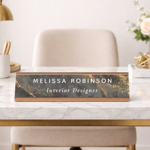 Modern Black Marble & Gold Glitter with White Text Desk Name Plate