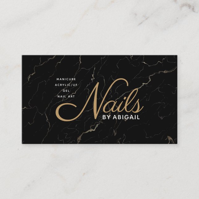 Modern Black Marble Gold Nails By "Name" Business Card (Front)