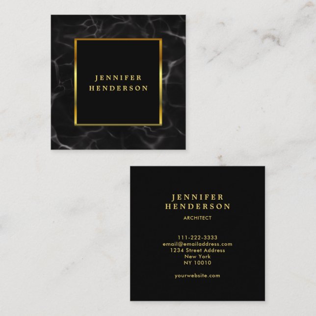 Modern black marble gold professional square business card (Front/Back)