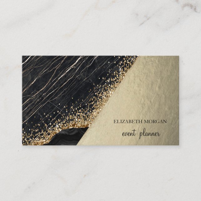 Modern Black Marble Gold Sequins,Geometric Business Card (Front)