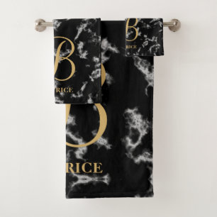 Modern black marble gold typography name monogram bath towel set