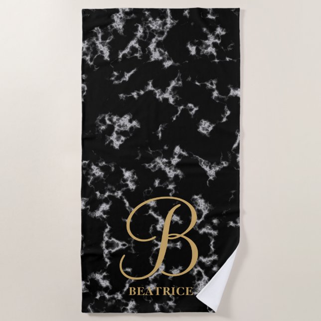 Modern black marble gold typography name monogram beach towel (Front)