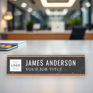 Modern Black Marble Personalised Logo Desk Name Plate