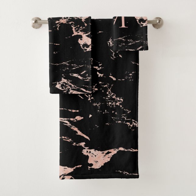 Modern Black Marble Rose Gold Foil Monogram Bath Towel Set (Insitu)