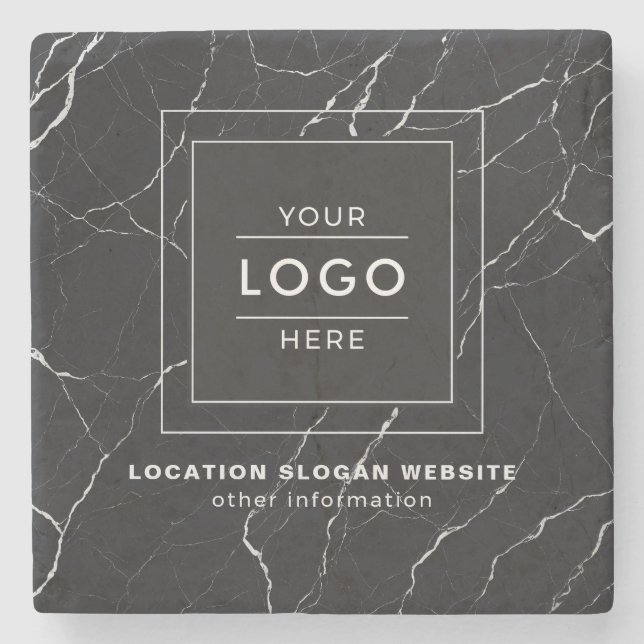 Modern Black Marble Silver Frame Business Logo Stone Coaster (Front)
