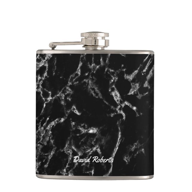 Modern Black Marble Stone Texture Custom Name Hip Flask (Front)
