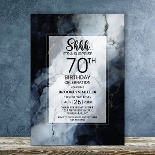 Modern Black Marble Surprise 70th Birthday Party Invitation