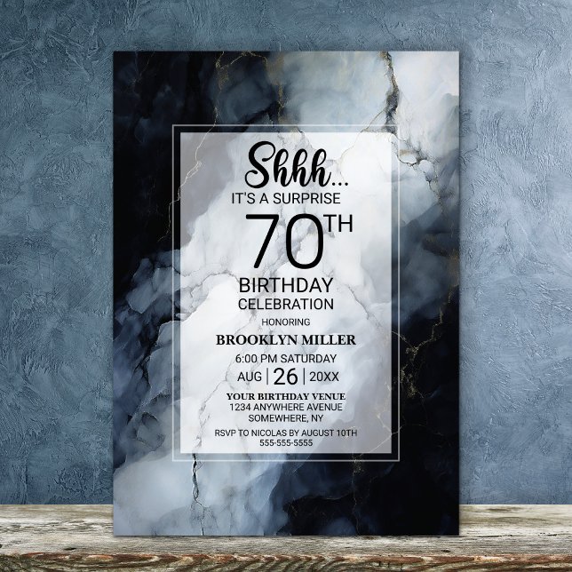 Modern Black Marble Surprise 70th Birthday Party Invitation (Creator Uploaded)
