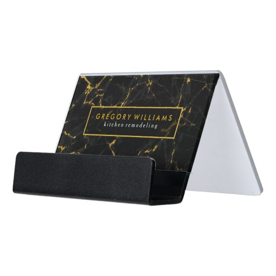 Modern Black Marble Texture With Gold Accents Desk Business Card Holder