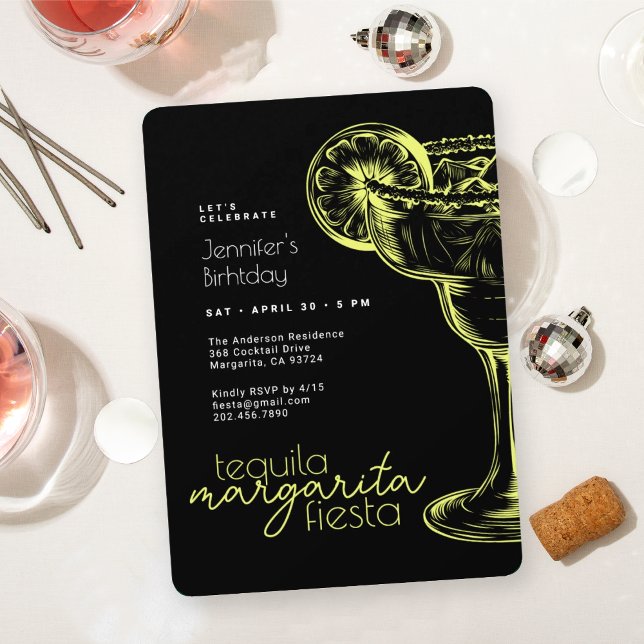 Modern black Margarita Fiesta Birthday Party Invitation (Creator Uploaded)