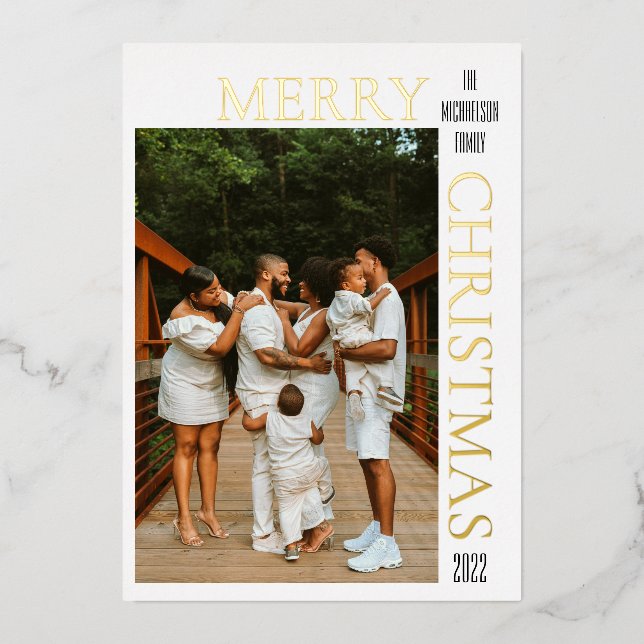 Modern Black Merry Christmas Photo Foil Holiday Card (Front)