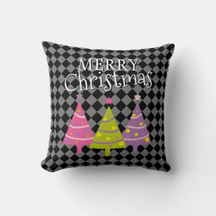 Modern Black Merry Christmas Pink Trees  Cushion