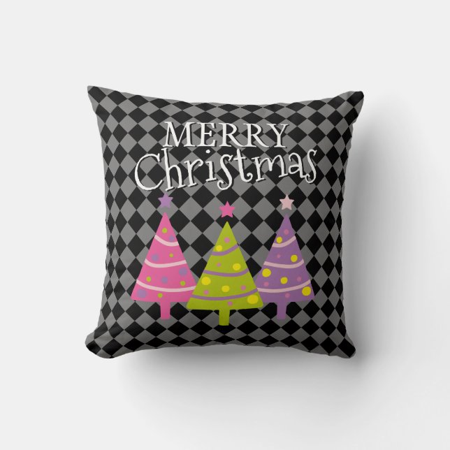 Modern Black Merry Christmas Pink Trees  Cushion (Front)