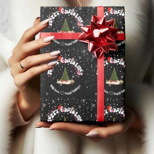 Modern Black Merry Christmas Round Graffiti Wrapping Paper