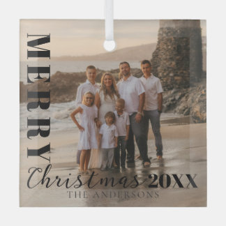 Modern Black Merry Christmas Script Photo Glass Tree Decoration