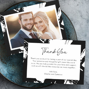 Modern black messy brushstrokes photo wedding thank you card
