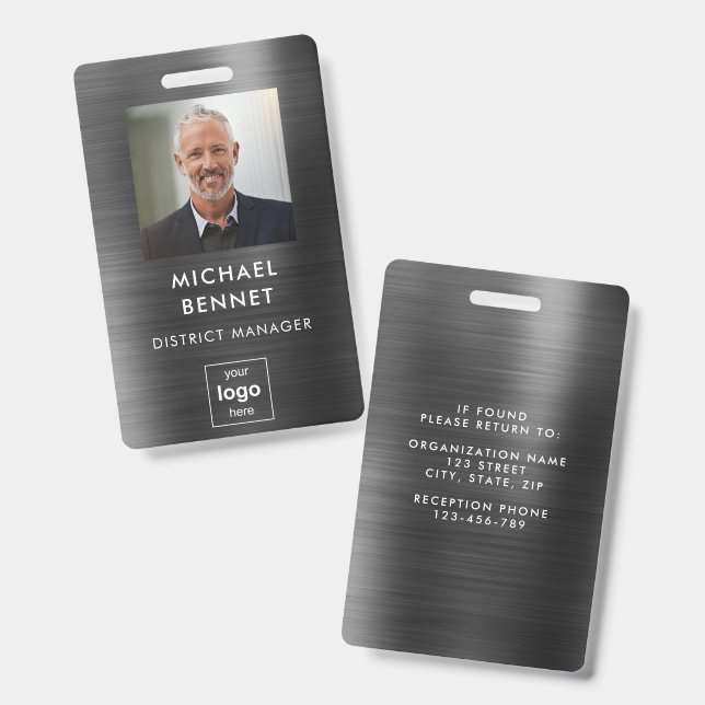 Modern Black Metal Employee Photo ID  Badge (Front & Back)