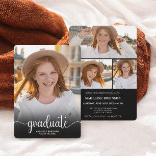 Modern Black minimal 4 Photo script Graduation Invitation