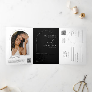 Modern Black Minimal Arch Photo QR Code Wedding Tri-Fold Invitation