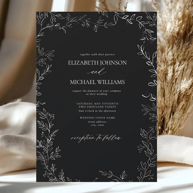 Modern Black Minimal Leaf Wedding Invitation (Creator Uploaded)