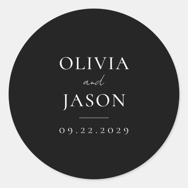 Modern Black Minimal Wedding Classic Round Sticker (Front)