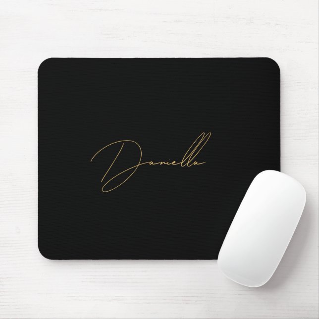 Modern Black Minimalist & Elegant Gold Script Name Mouse Mat (With Mouse)
