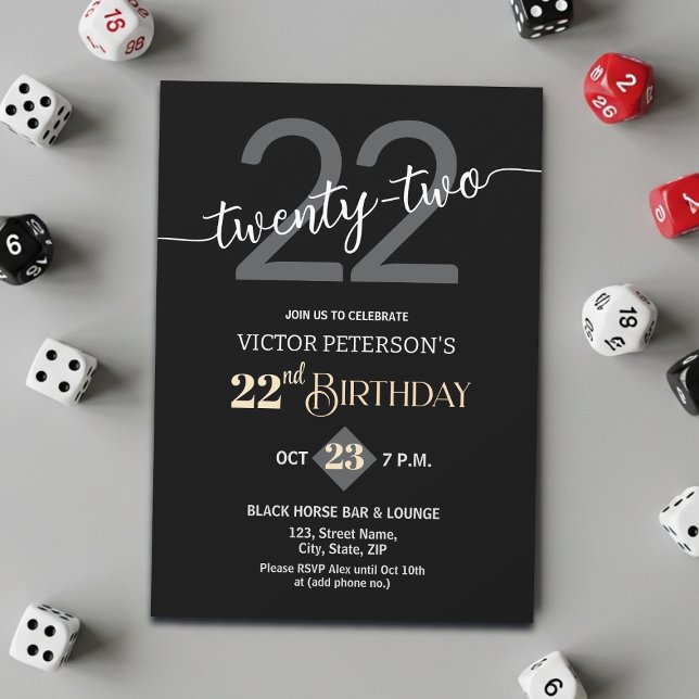Modern Black Minimalist Men 22nd Birthday Party Invitation (Creator Uploaded)