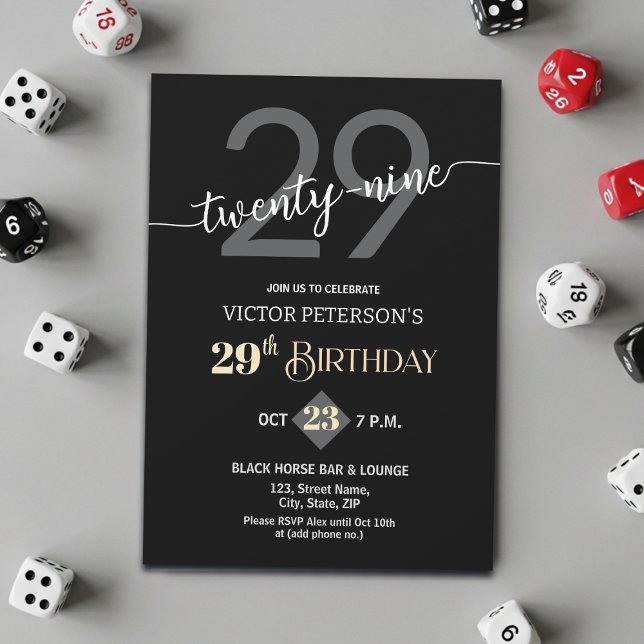 Modern Black Minimalist Men 29th Birthday Party Invitation (Creator Uploaded)