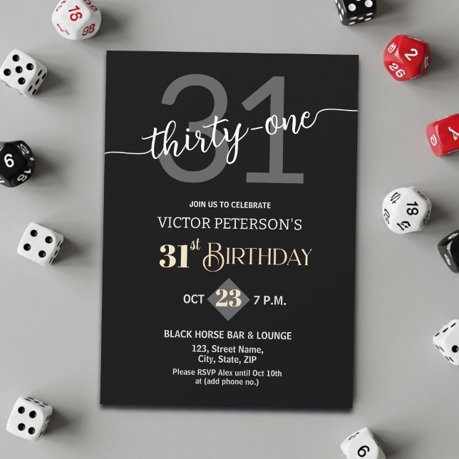 Modern Black Minimalist Men 31st Birthday Party Invitation (Creator Uploaded)