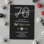 Modern Black Minimalist Men 70th Birthday Party Invitation<br><div class="desc">A modern minimalist design featuring elegant calligraphy on a black background. Customize the details for a cool Birthday Celebration.</div>