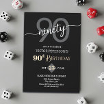 Modern Black Minimalist Men 90th Birthday Party Invitation<br><div class="desc">A modern minimalist design featuring elegant calligraphy on a black background. Customize the details for a cool Birthday Celebration.</div>