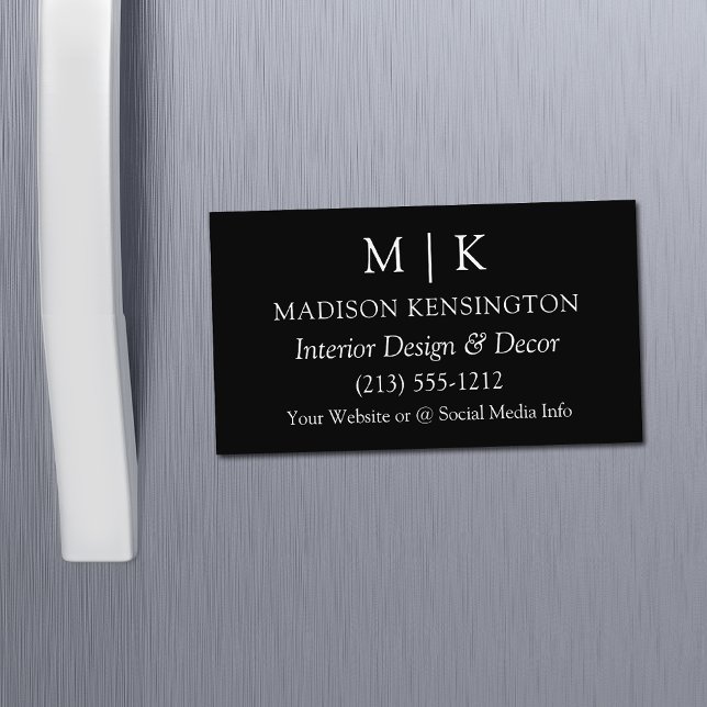 Modern Black Minimalist Monogram or Add Logo Magnetic Business Card (Edit to Customize text, colors and more)