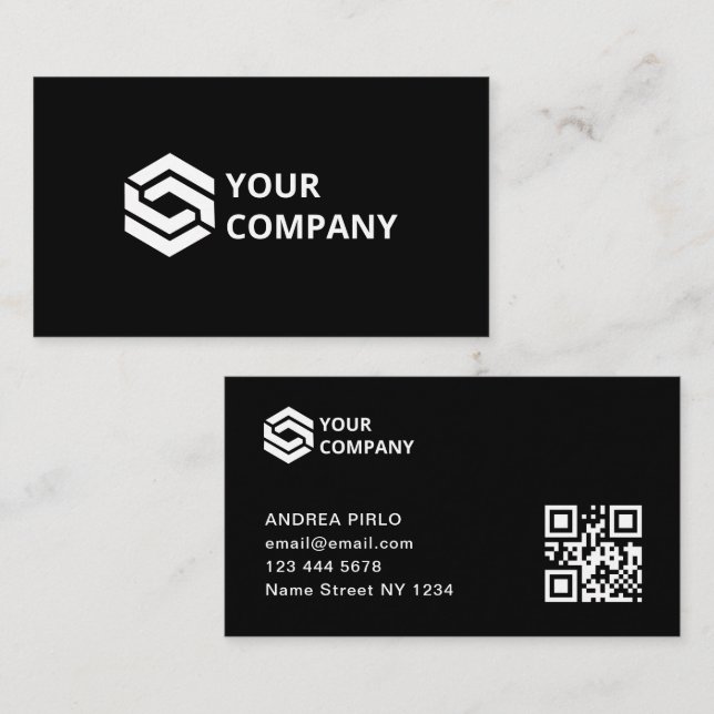 Modern Black Minimalist QR Code and Logo Business Card (Front/Back)