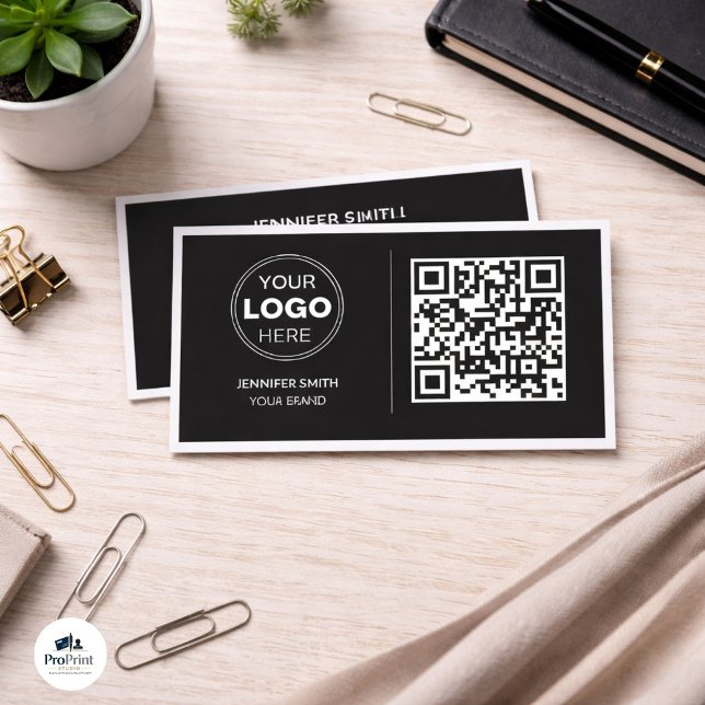 Modern Black Minimalist QR Code Business Design Card (A stack of black and white business cards featuring a 'YOUR LOGO HERE' placeholder and a QR code. )