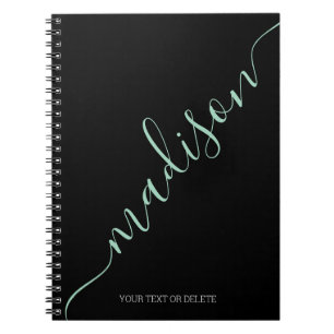 Modern Black Mint Green Handwritten Name Monogram Notebook